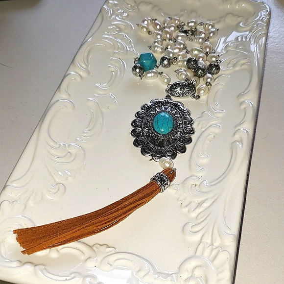 Shyanne Genuine Baroque Pearl Western Silver and Turquoise Necklace - Picture 7 of 7